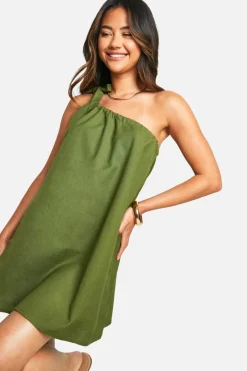 Smock Dresses*boohoo Cotton Tie Shoulder Mini Dress khaki