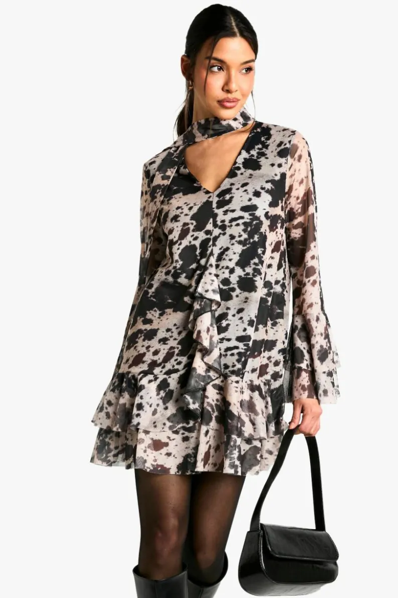 Smock Dresses|Mini Dresses*boohoo Cow Print Mesh Ruffle Mini Dress multi