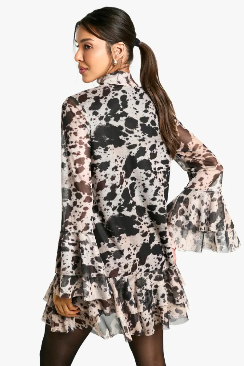 Smock Dresses|Mini Dresses*boohoo Cow Print Mesh Ruffle Mini Dress multi