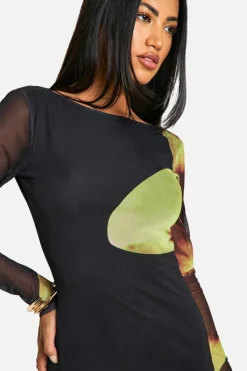 Maxi Dresses|Long Sleeve Dresses*boohoo Cowl Back Floral Mesh Maxi Dress black