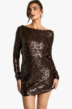 Bodycon Dresses|Mini Dresses*boohoo Cowl Neck Back Sequin Mini Dess chocolate
