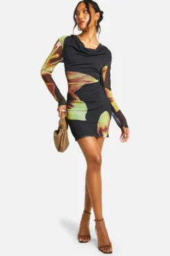 Bodycon Dresses*boohoo Cowl Neck Floral Mesh Long Sleeve Mini Dress black