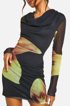 Bodycon Dresses*boohoo Cowl Neck Floral Mesh Long Sleeve Mini Dress black