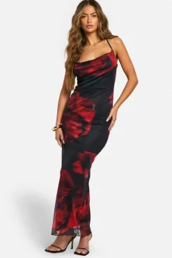 Maxi Dresses|Dresses*boohoo Cowl Neck Floral Mesh Maxi Dress black