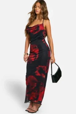 Maxi Dresses|Dresses*boohoo Cowl Neck Floral Mesh Maxi Dress black