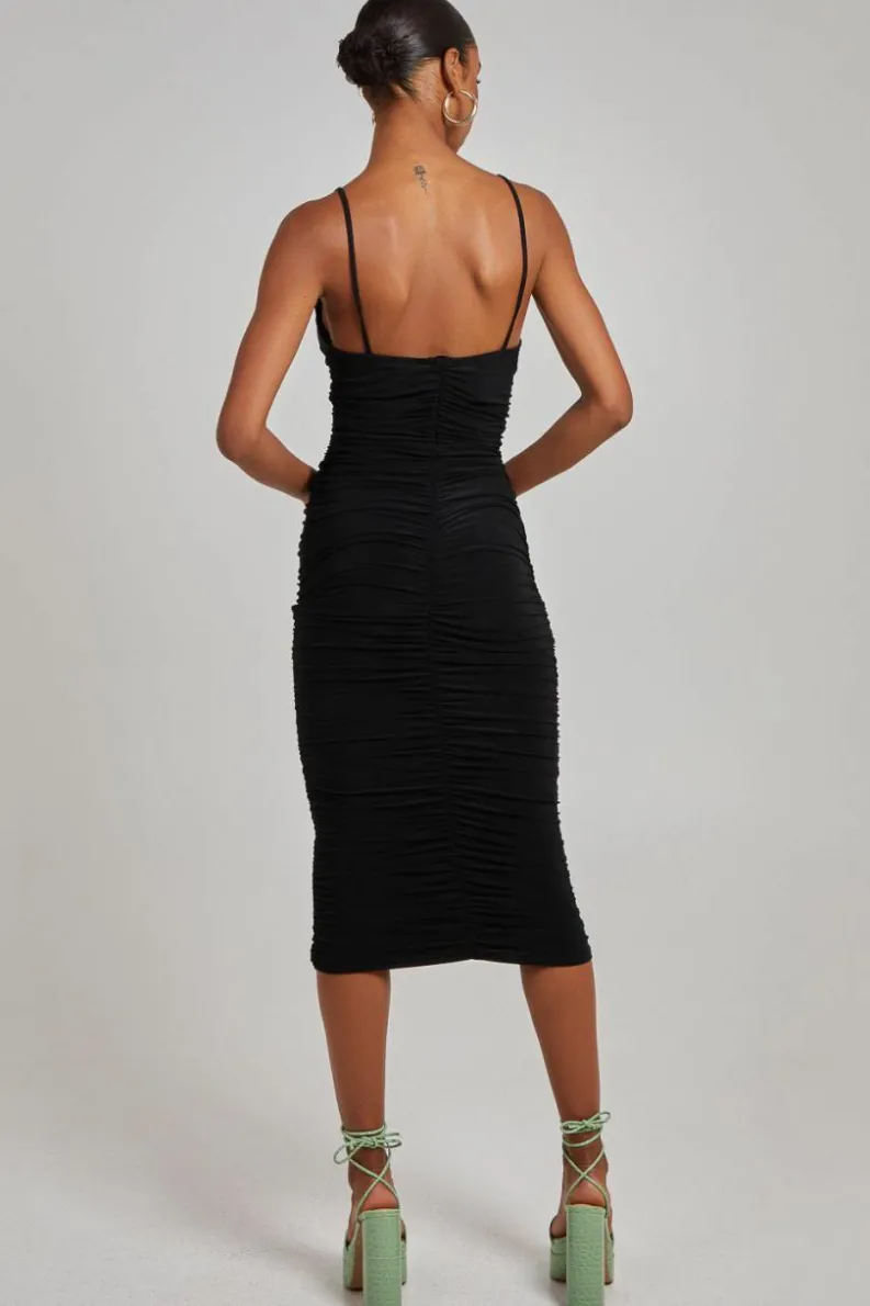 Midi Dresses*Pink Vanilla Cowl Neck Gathered Midi Dress Black