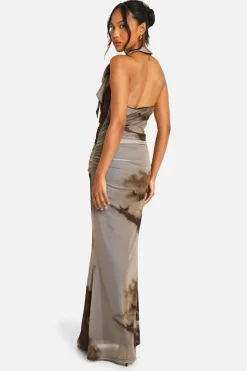 Maxi Dresses*boohoo Cowl Neck Printed Mesh Tie Neck Maxi Dress brown