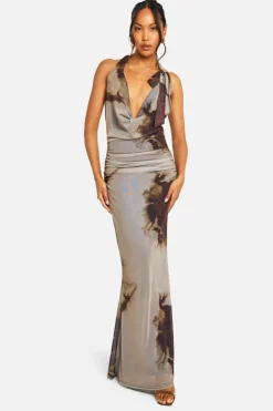 Maxi Dresses*boohoo Cowl Neck Printed Mesh Tie Neck Maxi Dress brown