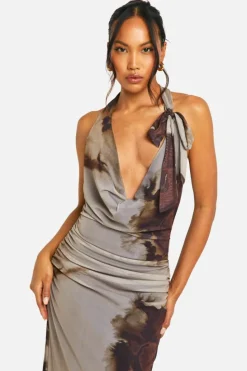 Maxi Dresses*boohoo Cowl Neck Printed Mesh Tie Neck Maxi Dress brown