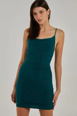 Midi Dresses*Pink Vanilla Cowl Neck Ruched Slinky Midi Dress Bottle Green