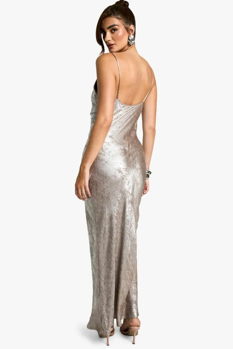 Maxi Dresses*boohoo Cowl Neck Satin Diamante Maxi Dress silver