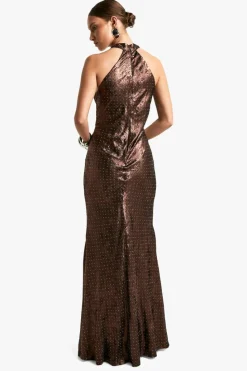 Maxi Dresses|Dresses*boohoo Cowl Neck Satin Diamante Halterneck Maxi Dress chocolate