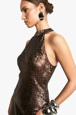 Maxi Dresses|Dresses*boohoo Cowl Neck Satin Diamante Halterneck Maxi Dress chocolate