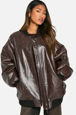 Up To 80% Off Winter Warmers|Bomber Jackets*boohoo Cracked Faux Leather Oversized Bomber Jacket burgundy