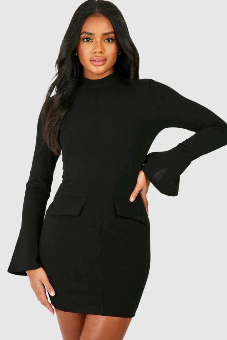 Bodycon Dresses|Mini Dresses*boohoo Crepe High Neck Pocket Detail Mini Dress black