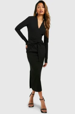 Bodycon Dresses*boohoo Crepe Waist Detail Midaxi Dress black