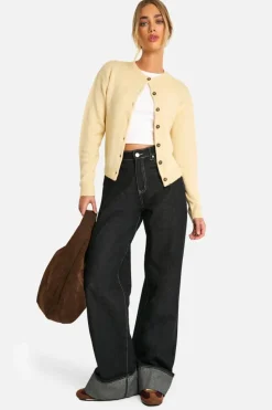 Cardigans|Up To 80% Off Winter Warmers*boohoo Crew Neck Fine Gauge Micro Cardigan stone