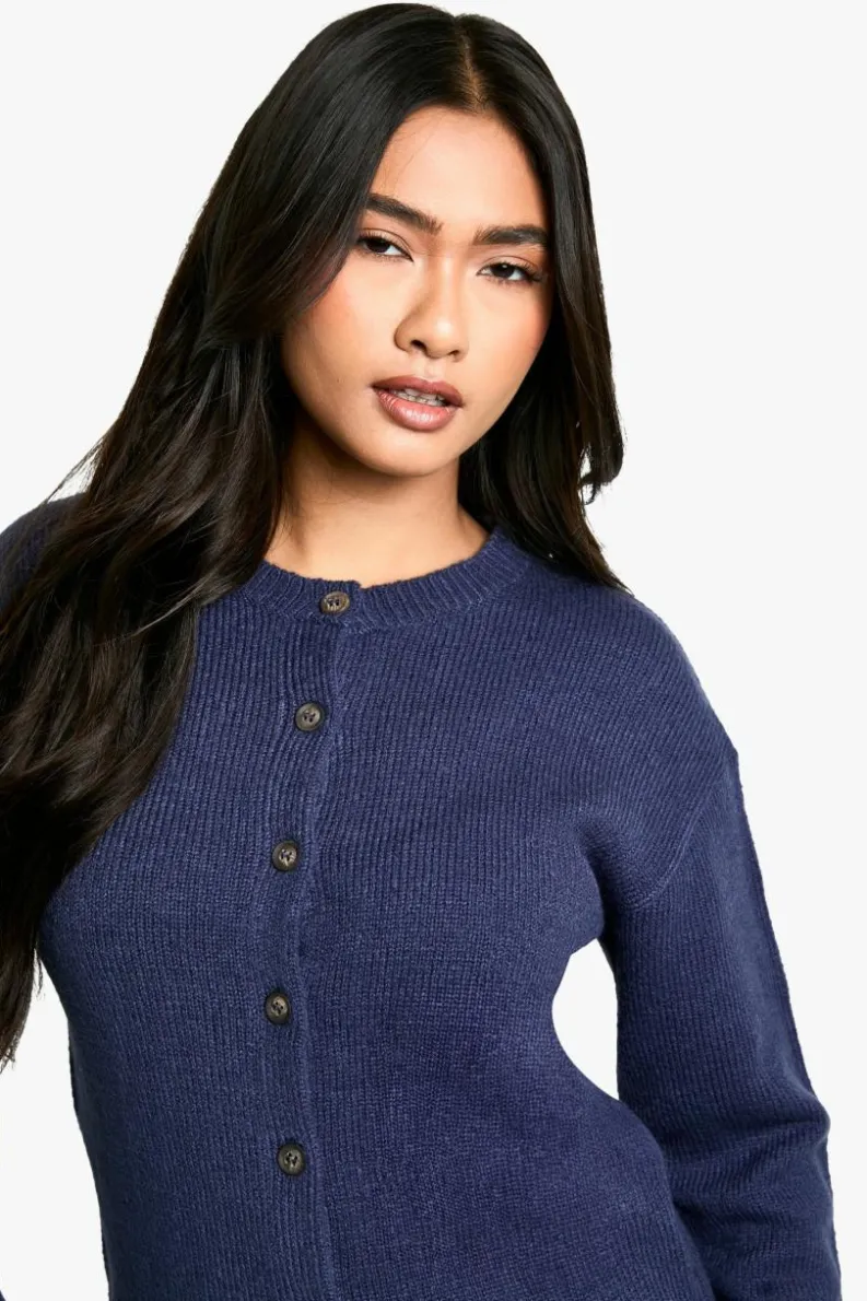 Cardigans*boohoo Crew Neck Fine Gauge Micro Cardigan navy