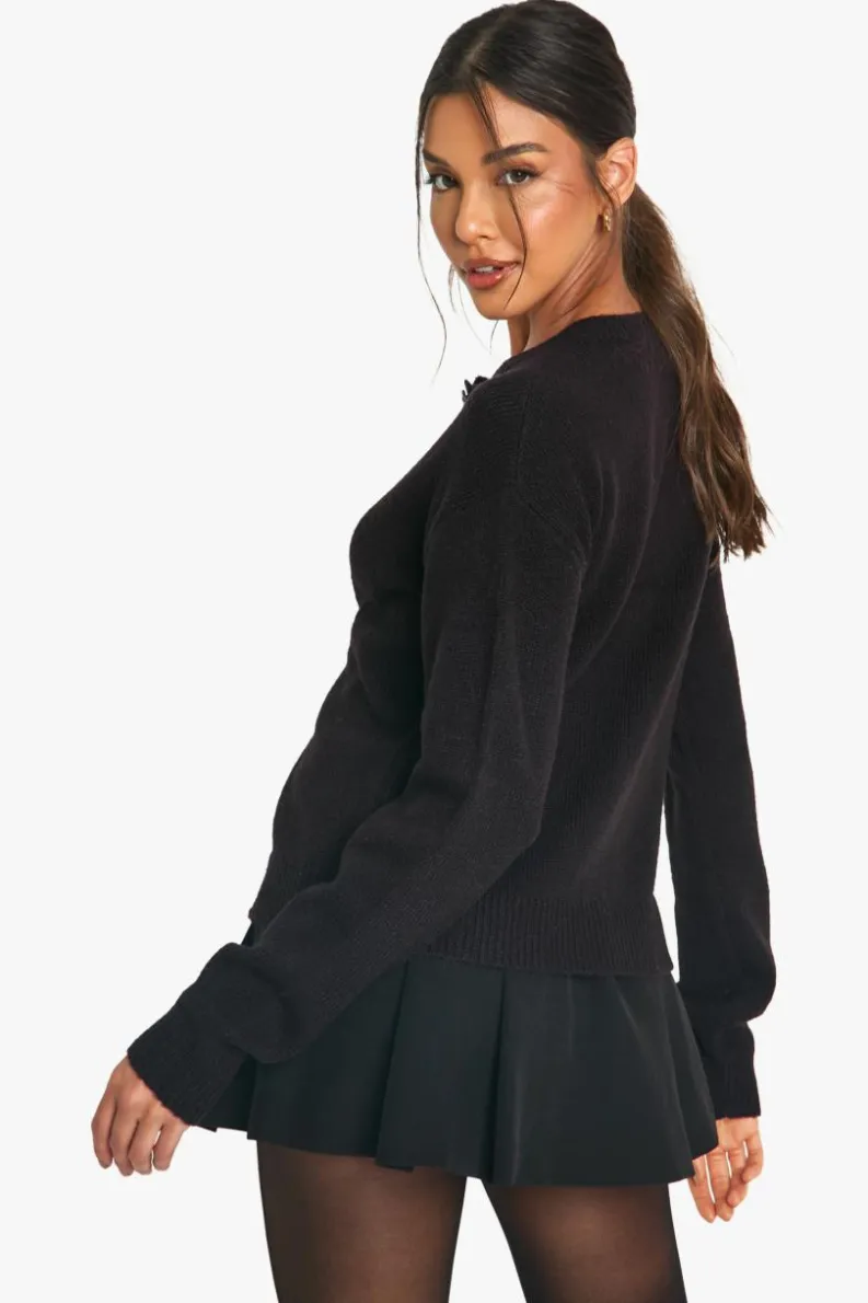Cardigans|Jumpers & Cardigans*boohoo Crew Neck Fine Gauge Micro Cardigan black