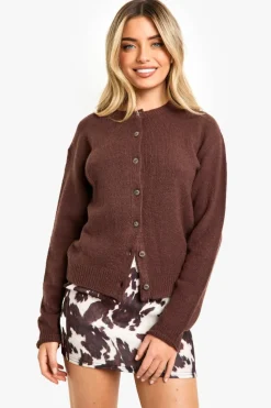 Cardigans|Jumpers & Cardigans*boohoo Crew Neck Fine Gauge Micro Cardigan chocolate