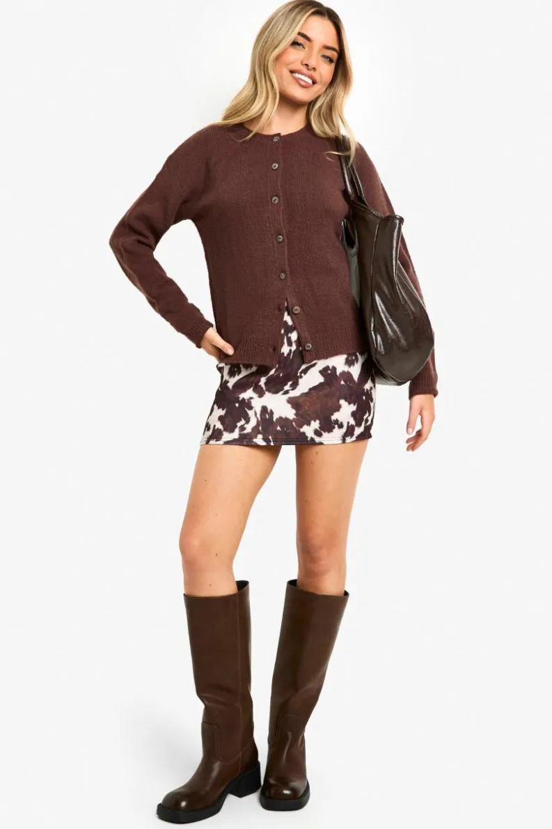 Cardigans|Jumpers & Cardigans*boohoo Crew Neck Fine Gauge Micro Cardigan chocolate
