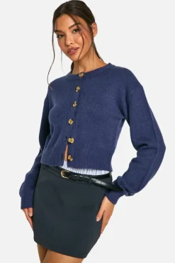 Cardigans|Knitwear*boohoo Crew Neck Puff Sleeve Soft Knit Micro Cardigan navy