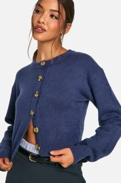 Cardigans|Knitwear*boohoo Crew Neck Puff Sleeve Soft Knit Micro Cardigan navy