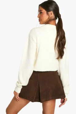 Cardigans|Jumpers & Cardigans*boohoo Crew Neck Puff Sleeve Soft Knit Micro Cardigan ecru