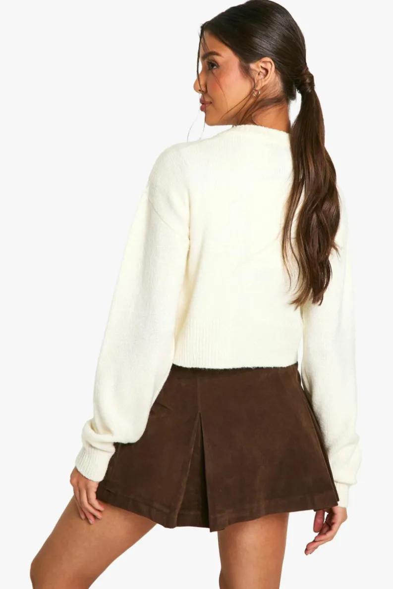 Cardigans|Jumpers & Cardigans*boohoo Crew Neck Puff Sleeve Soft Knit Micro Cardigan ecru