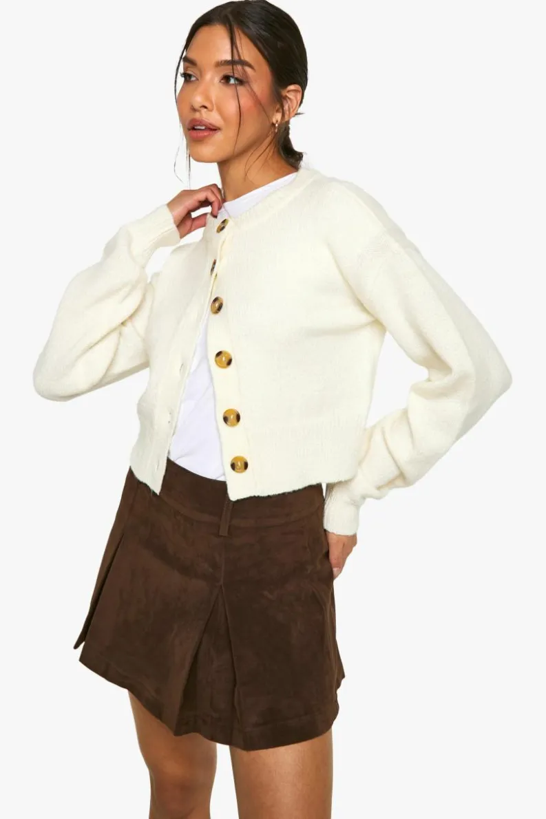 Cardigans|Jumpers & Cardigans*boohoo Crew Neck Puff Sleeve Soft Knit Micro Cardigan ecru
