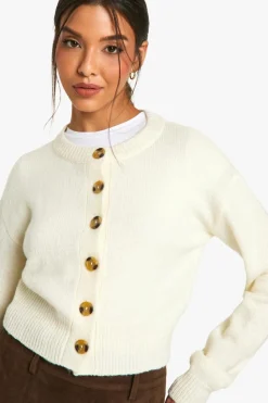 Cardigans|Jumpers & Cardigans*boohoo Crew Neck Puff Sleeve Soft Knit Micro Cardigan ecru