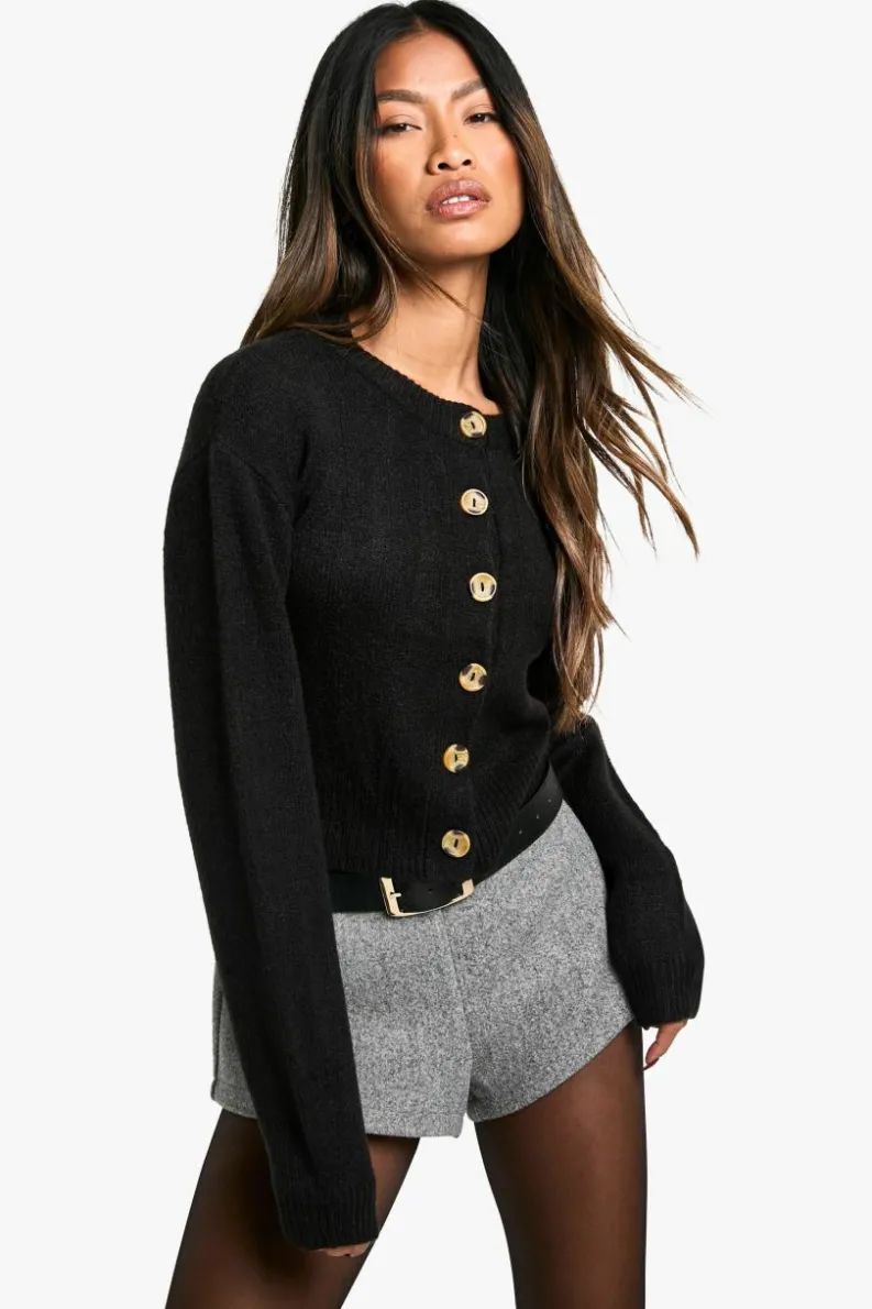 Cardigans*boohoo Crew Neck Puff Sleeve Soft Knit Micro Cardigan black