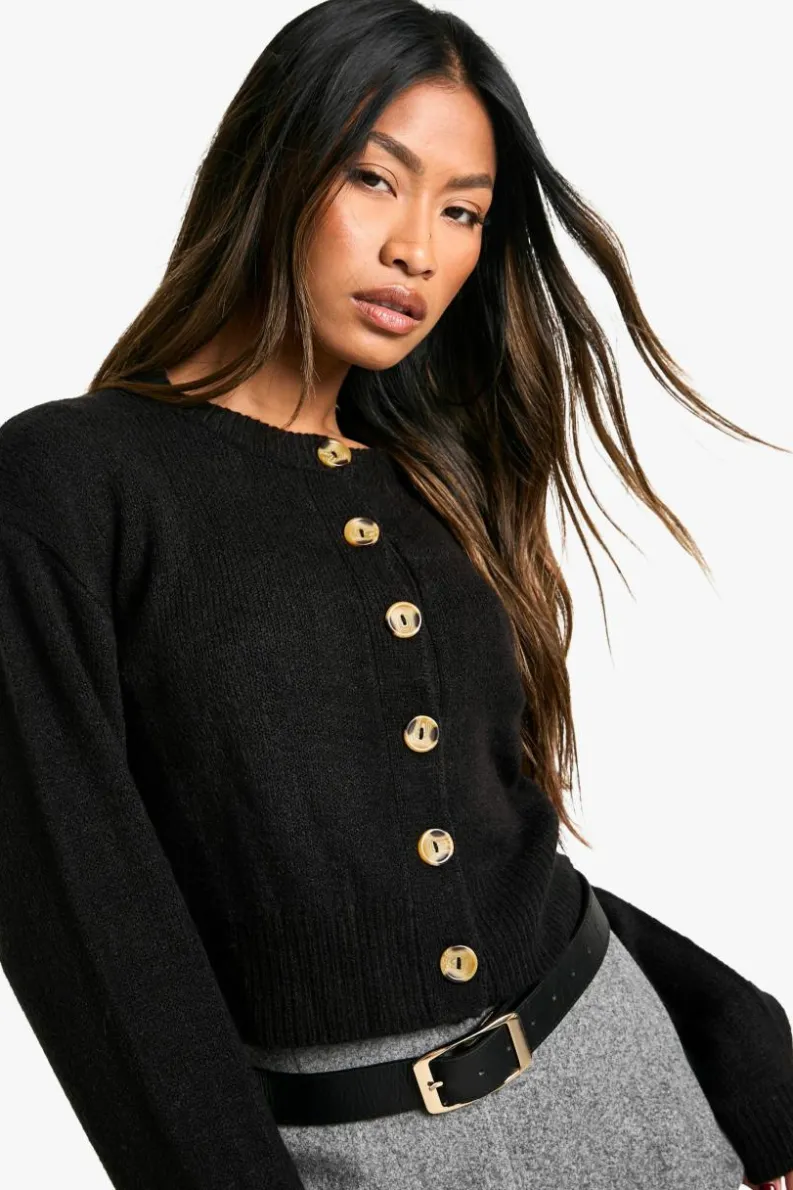 Cardigans*boohoo Crew Neck Puff Sleeve Soft Knit Micro Cardigan black