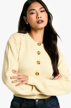 Cardigans*boohoo Crew Neck Puff Sleeve Soft Knit Micro Cardigan stone