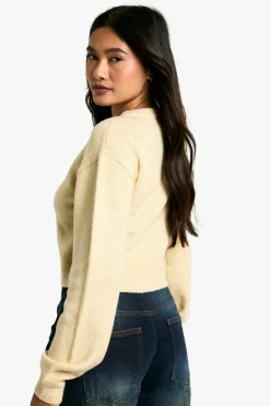 Cardigans*boohoo Crew Neck Puff Sleeve Soft Knit Micro Cardigan stone