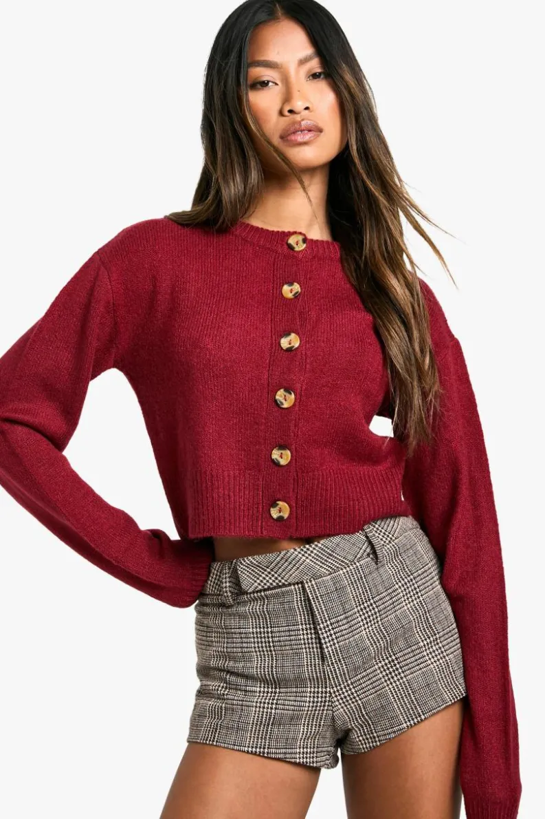 Cardigans|Jumpers & Cardigans*boohoo Crew Neck Puff Sleeve Soft Knit Micro Cardigan berry