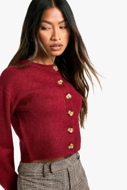Cardigans|Jumpers & Cardigans*boohoo Crew Neck Puff Sleeve Soft Knit Micro Cardigan berry