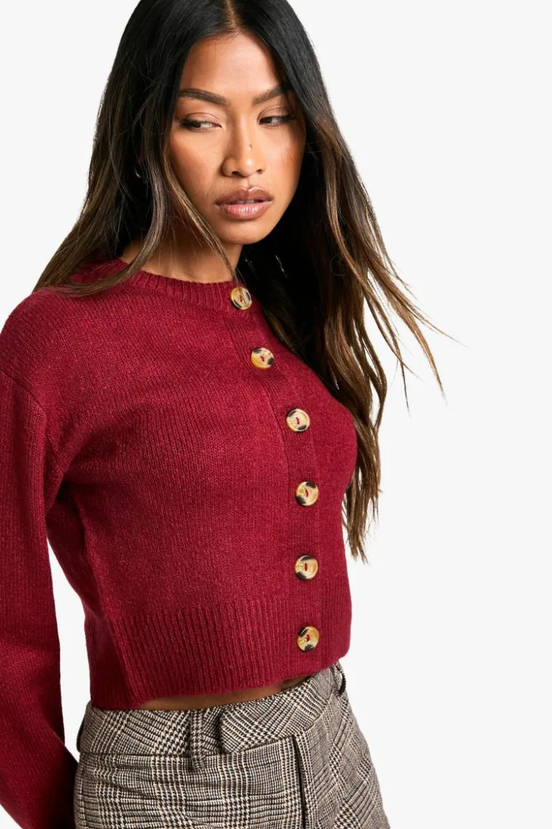 Cardigans|Jumpers & Cardigans*boohoo Crew Neck Puff Sleeve Soft Knit Micro Cardigan berry