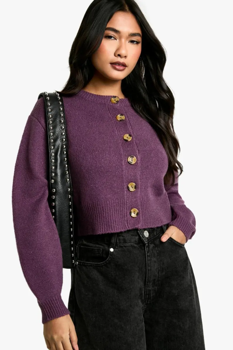 Cardigans|Knitwear*boohoo Crew Neck Puff Sleeve Soft Knit Micro Cardigan purple