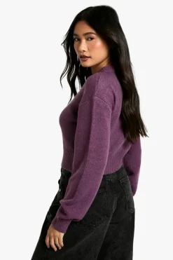 Cardigans|Knitwear*boohoo Crew Neck Puff Sleeve Soft Knit Micro Cardigan purple