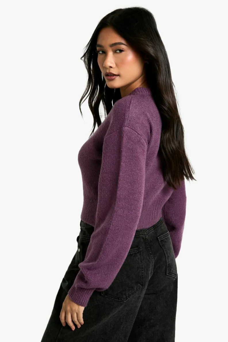 Cardigans|Knitwear*boohoo Crew Neck Puff Sleeve Soft Knit Micro Cardigan purple