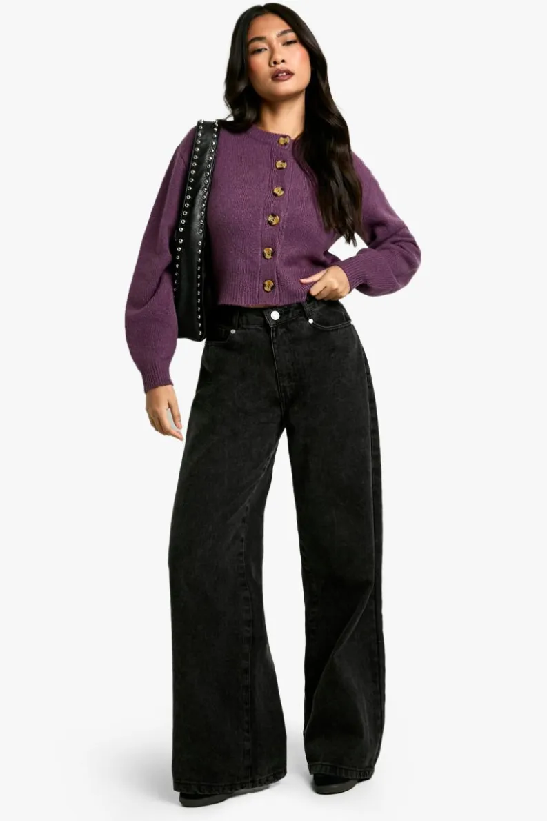 Cardigans|Knitwear*boohoo Crew Neck Puff Sleeve Soft Knit Micro Cardigan purple