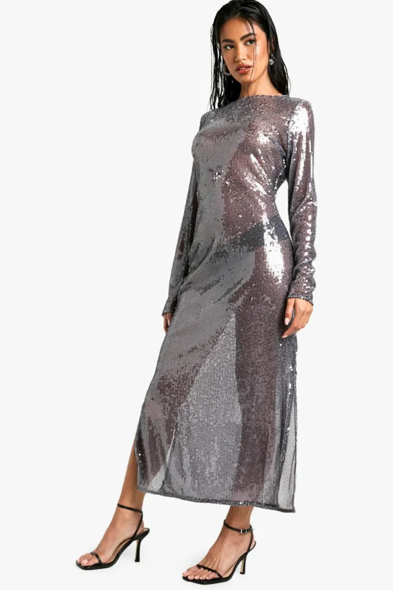 Bodycon Dresses|Maxi Dresses*boohoo Crew Neck Sequin Maxi Dress grey