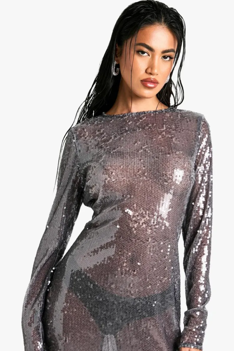 Bodycon Dresses|Maxi Dresses*boohoo Crew Neck Sequin Maxi Dress grey