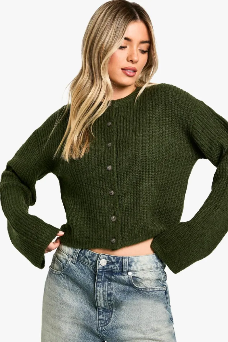 Cardigans|Jumpers & Cardigans*boohoo Crew Neck Soft Knit Micro Cardigan forest