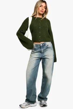 Cardigans|Jumpers & Cardigans*boohoo Crew Neck Soft Knit Micro Cardigan forest