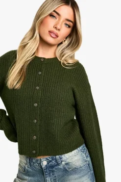 Cardigans|Jumpers & Cardigans*boohoo Crew Neck Soft Knit Micro Cardigan forest