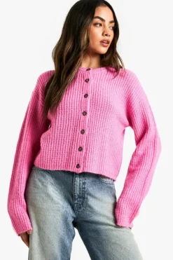 Cardigans|Knitwear*boohoo Crew Neck Soft Knit Micro Cardigan pink