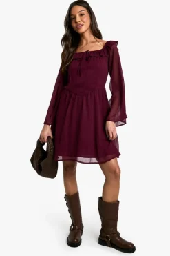 Skater Dresses*boohoo Crinkle Chiffon Bardot Skater Dress merlot