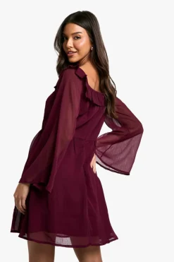 Skater Dresses*boohoo Crinkle Chiffon Bardot Skater Dress merlot